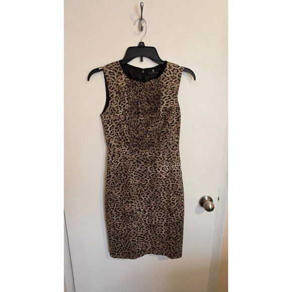 Elie Tahari Size 0 Leopard Print Sheath Dress Ruffle Sleeveless Lined Career - Picture 1 of 11